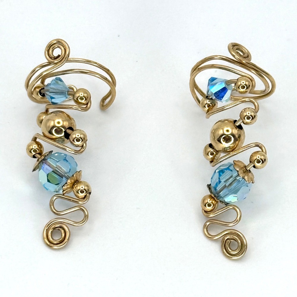 Gold Tone Ear Cuff Earrings Blue Crystal Wire Wrap Fairy Fairycore‎ Cosplay Set